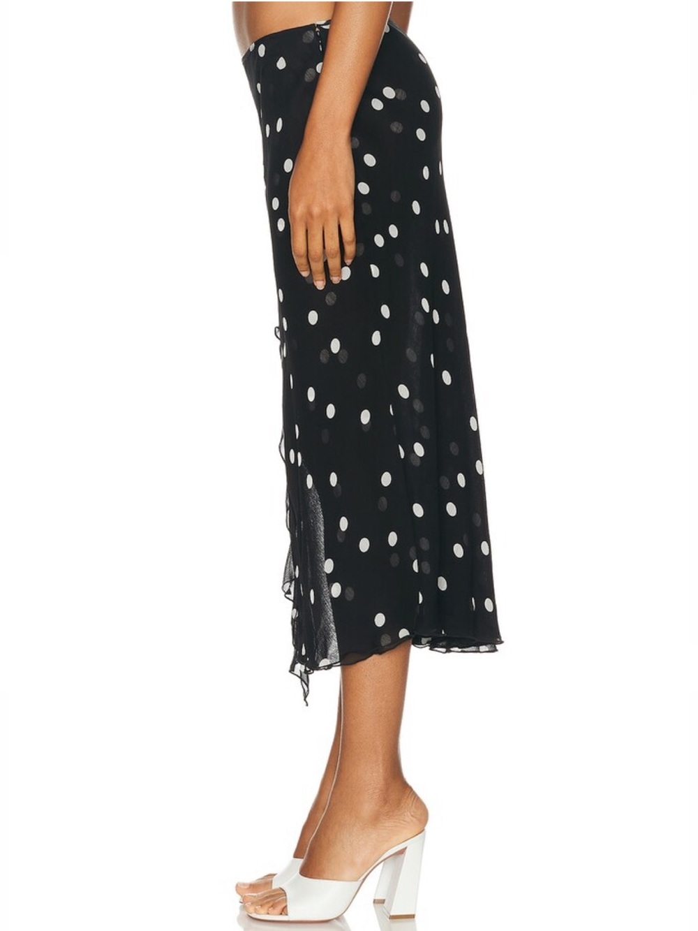 PRISCAVERA Ruffled High Slit Skirt in Black and White Polka Dot - Picture 3 of 9